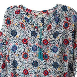 Boden Floral Popover‎ Shirt Womens 6 White Blue Gauzy Boho Peasant Mosaic WA790